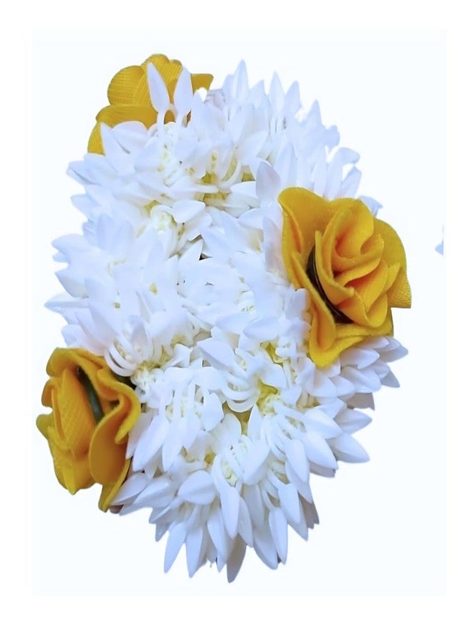 WECROO Stylish Hair Rubber White Pearl Mogra Gajra with Red,yellow Rose Flower Plastic Artificial Wedding Bun Elastic Band for Women Girls (yellow, Pack of 2) - Image 5